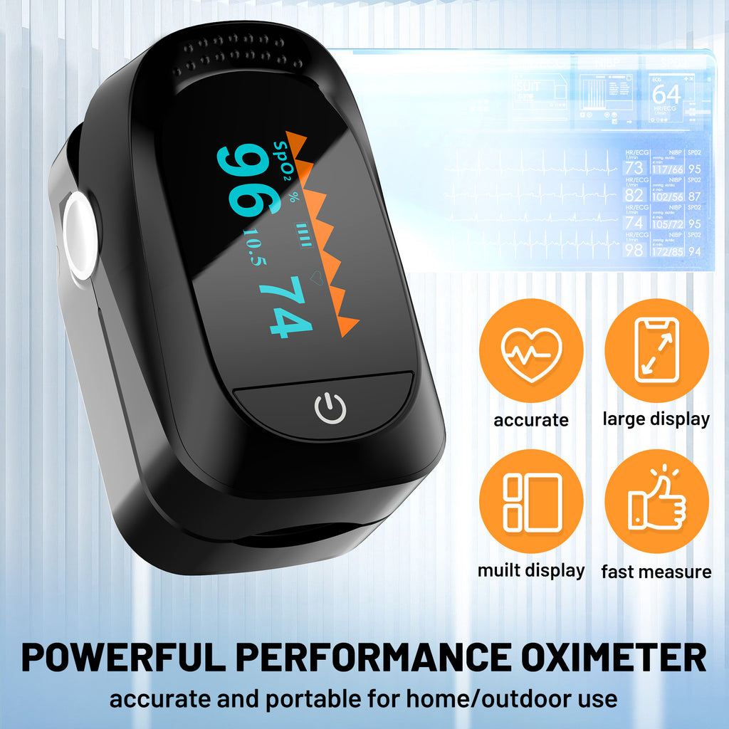 Finger Pulse Oximeter, Blood Oxygen Saturation and Pulse Rate Monitor, Includes 2x AAA Batteries, Lanyard, Suitable for Elderly and Adults Use